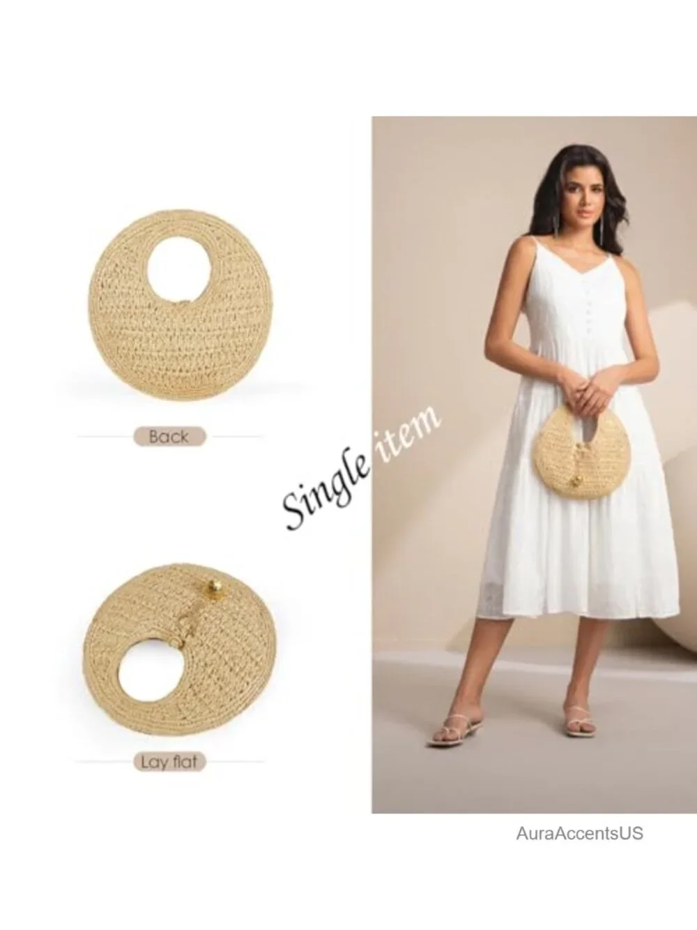 Handwoven Raffia Large Round Beach Tote, Boho Chic Straw Circle Bag